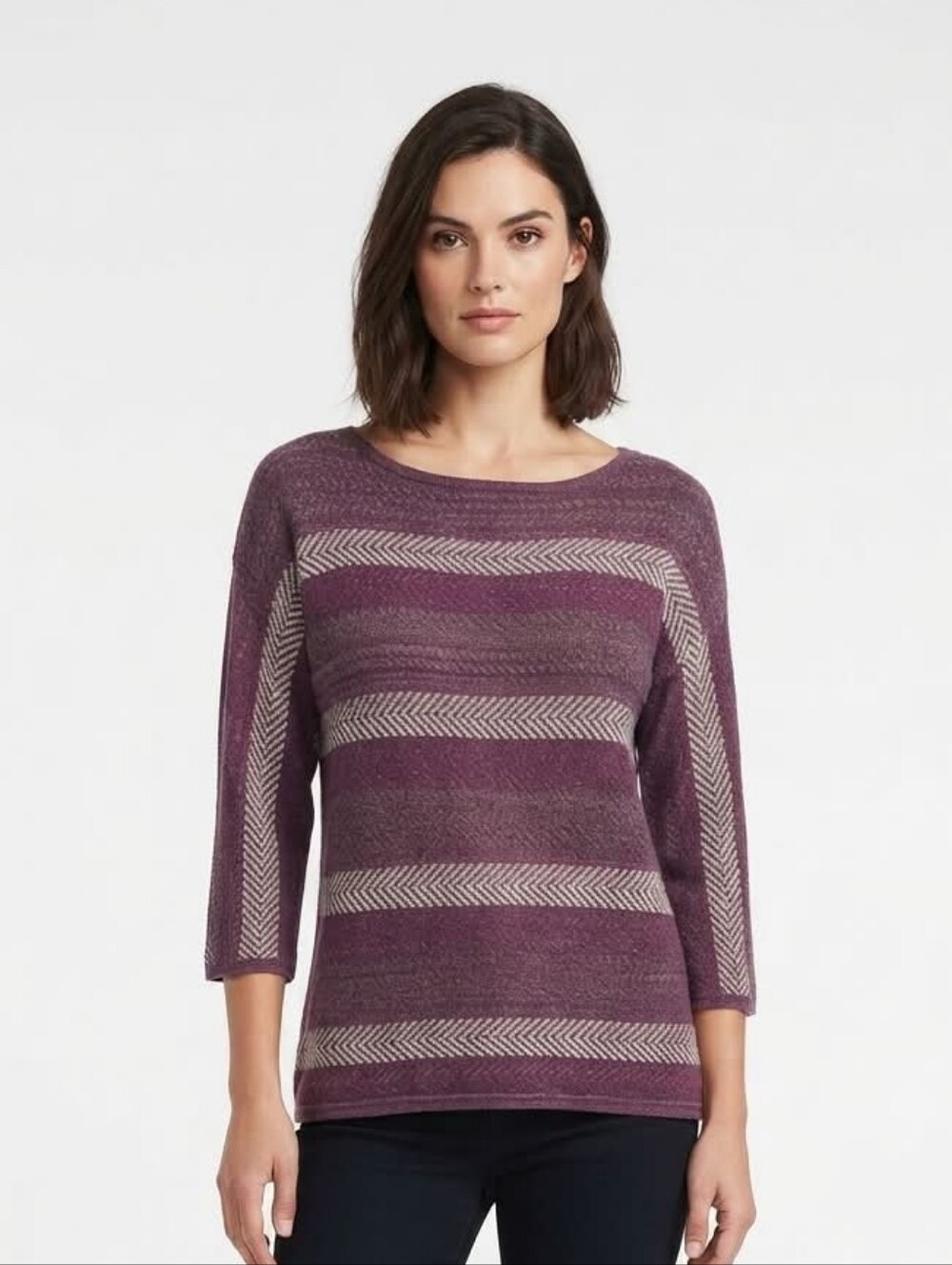 Chaps Sweater Berry Heather Striped 3/4 Sleeve Boat Neck Knit Size Large